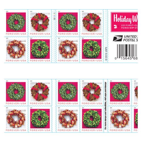 2019 Holiday Wreaths Christmas Forever Stamps — Booklet of 20, Scott 5424-27 MNH