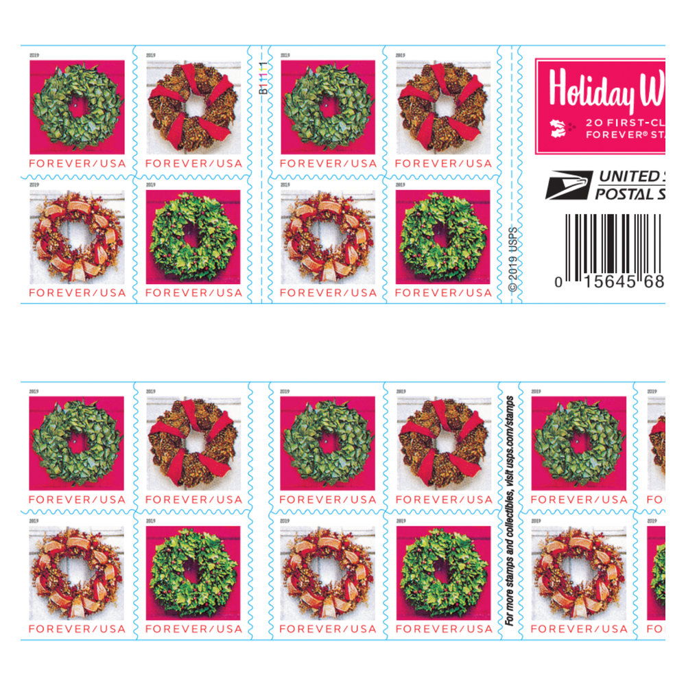 2019 Holiday Wreaths Christmas Forever Stamps — Booklet of 20, Scott 5424-27 MNH