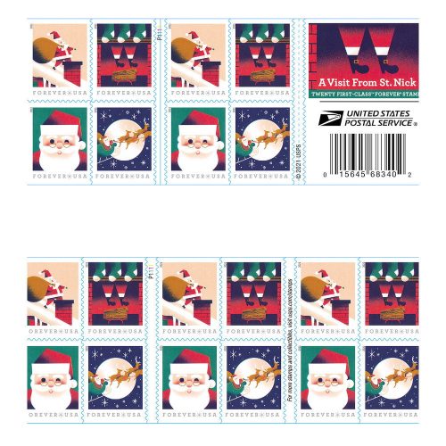 2021 A Visit From St. Nick Christmas Forever Stamps — Booklet of 20, Scott 5644-47 MNH