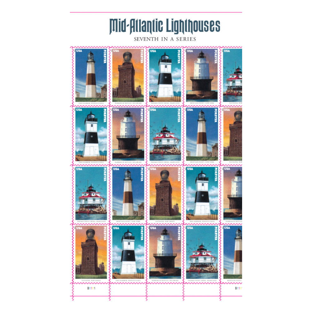 2021 Mid-Atlantic Lighthouses Forever Stamps — Sheet of 20, Scott 5621-25 MNH