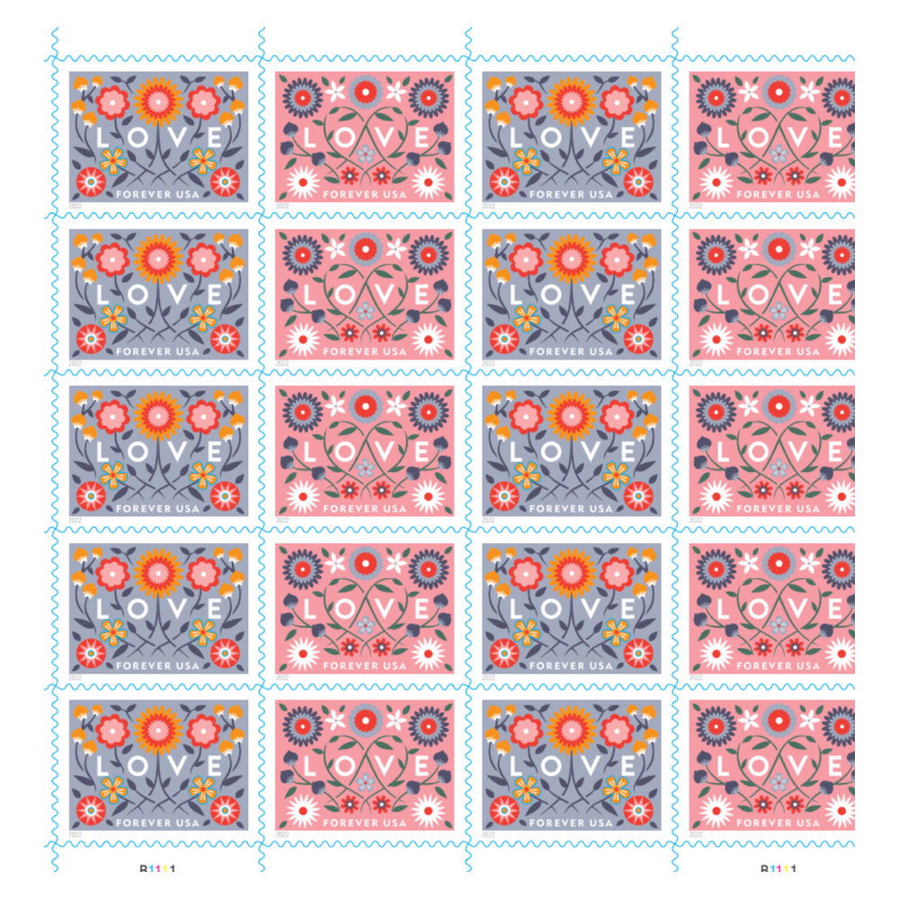2022 Love Flowers Forever Stamps — Sheet of 20, Scott 5660-61 MNH